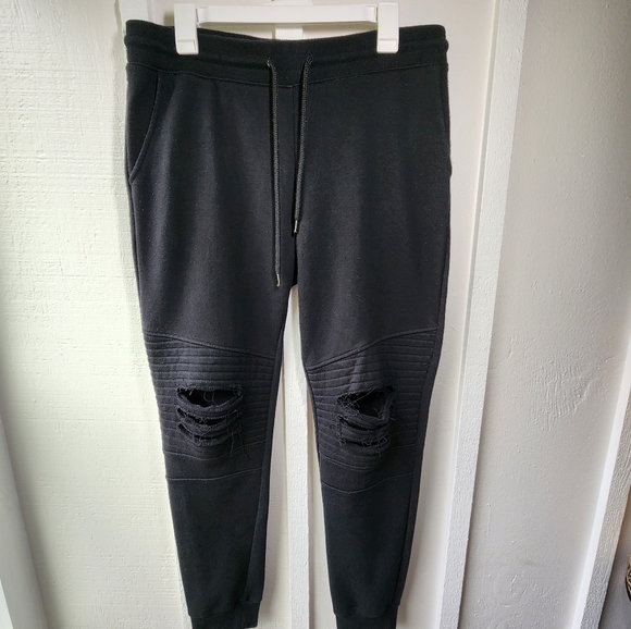 Forever 21 Men Black Joggers Distressed Knees French Terry Size Large - Picture 1 of 16